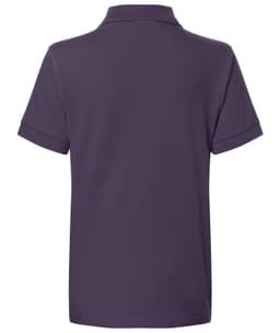 A dark purple polo shirt with short sleeves and a classic collar. The back view is displayed.