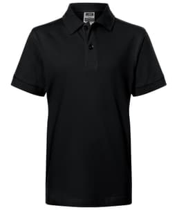 A black polo shirt featuring a classic design, short sleeves, and a buttoned collar. It includes a logo on the front.