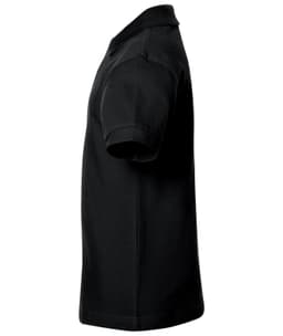A black polo shirt with a classic design, featuring short sleeves and a collar. It has a logo on the side.