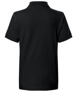 A black polo shirt with short sleeves and a collar, featuring a logo on the back.