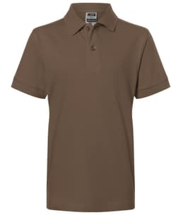 A brown polo shirt with a collared neck and short sleeves, featuring a logo on the label.