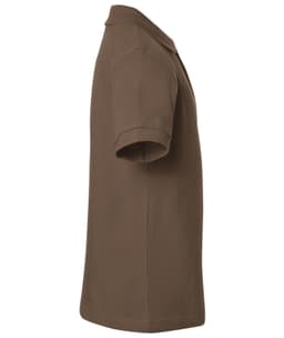 A brown polo shirt with short sleeves and a collar, featuring a logo on the chest.