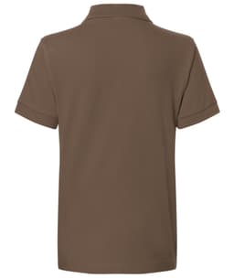 A brown polo shirt featuring a classic design and a short sleeve style, with a logo on the back.