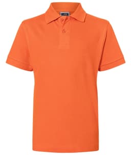 An orange polo shirt with a classic collar and short sleeves, featuring a logo on the chest.