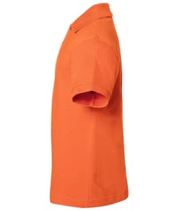 An orange polo shirt with short sleeves, featuring a collar and a logo on the front.