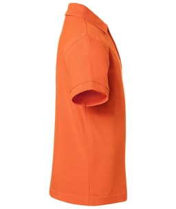 An orange polo shirt is displayed from the side, featuring a classic collar and short sleeves. It has a logo on it.