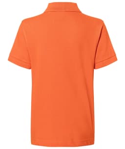 An orange polo shirt featuring a collar and short sleeves, displaying a logo on the back.