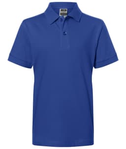 A blue polo shirt with a collar and a single button, featuring short sleeves and a label inside.