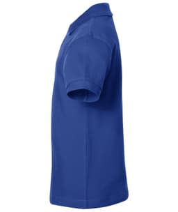 A blue polo shirt with short sleeves, featuring a collar and a logo. Side view showing its classic cut.