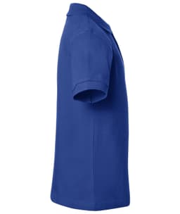 A blue polo shirt with a classic design, featuring short sleeves and a collar. It has a logo on the front.
