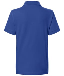 A blue polo shirt with a classic design, featuring a collar and short sleeves, along with a branded logo.