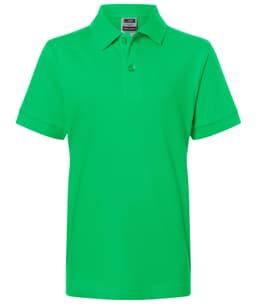 A green polo shirt with a collar, featuring short sleeves and a branding logo on the label.