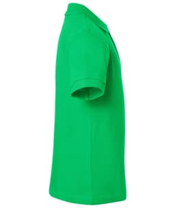 A green polo shirt displayed from the side, featuring short sleeves and a collar. It has a logo on the chest.