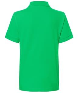 A bright green polo shirt with a collar and short sleeves. The back view is displayed, featuring a logo.