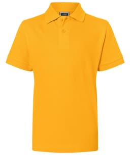 A short-sleeved yellow polo shirt with a collar and a logo on the chest.