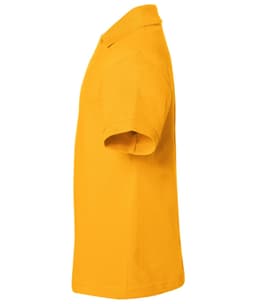 A side view of a bright yellow polo shirt featuring a collar and short sleeves, with a logo on the chest.