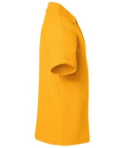 A side view of a bright yellow polo shirt with short sleeves, featuring a collar and a logo.