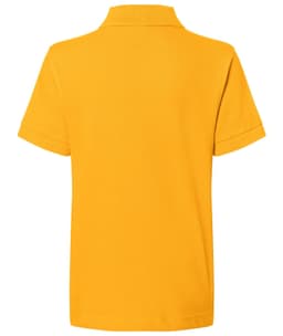 A yellow polo shirt with short sleeves and a collar. The back view features a simple design and includes a logo.