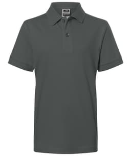 A grey polo shirt featuring a collar and short sleeves, with a logo on the chest area.
