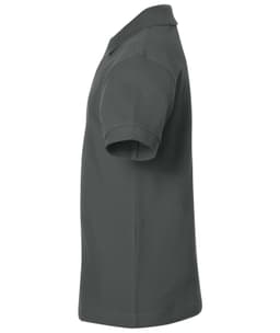 A grey polo shirt with short sleeves, featuring a collar and a logo on the design.