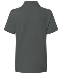 A classic polo junior shirt in a dark grey colour, featuring a collar and short sleeves, with a logo on the back.