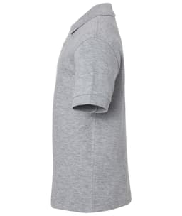 A grey polo shirt with a collar and short sleeves, featuring a logo.