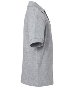 A grey polo shirt with short sleeves and a collar, featuring a logo on the side.
