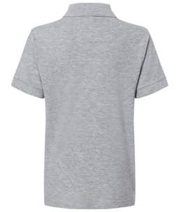 A grey polo shirt with a classic style and short sleeves. It features a collar and has a logo.