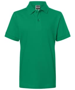A green Classic Polo Junior shirt featuring a collar, button placket, and short sleeves. It has a logo on the front.