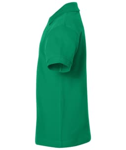A green polo shirt featuring short sleeves and a collar, with a logo present on the fabric.