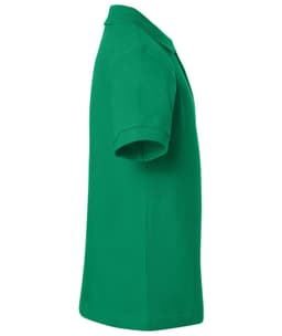 A green polo shirt displayed from the side, featuring a collar and short sleeves, with a logo visible.