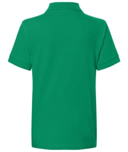 A green polo shirt with short sleeves and a collar, featuring a logo on the back.