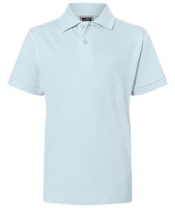 A light blue polo shirt featuring a two-button placket and short sleeves, with a small logo on the chest.