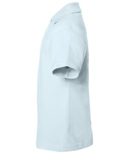 A light blue polo shirt viewed from the side, featuring short sleeves and a collar. The shirt has a logo.