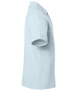 A light blue polo shirt with short sleeves and a collar. The design includes a logo.