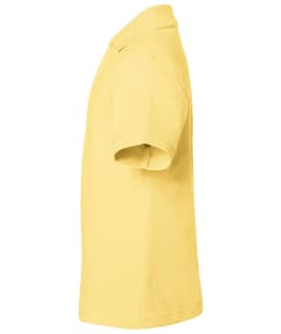 A yellow polo shirt displayed from the side, featuring a collared neckline and short sleeves, with a logo.