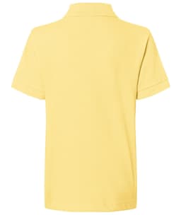 A yellow polo shirt with a classic design, featuring a collar and short sleeves. The shirt has a logo on it.