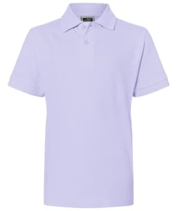 A lilac polo shirt with a classic collar and short sleeves, featuring a logo on the chest.