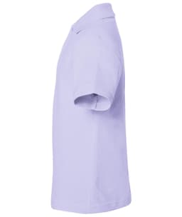 A purple polo shirt with short sleeves and a collar, featuring a logo on the side.