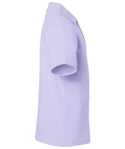 A lilac polo shirt featuring short sleeves and a collar, with a logo on the side.