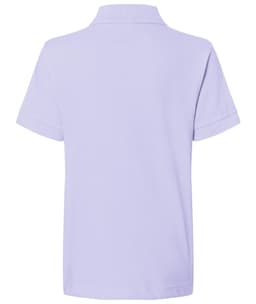 A lilac polo shirt with short sleeves and a classic collar. The back view features a simple design and a logo.