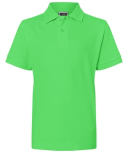 A vibrant green polo shirt with a collar and short sleeves, featuring a logo on the chest.