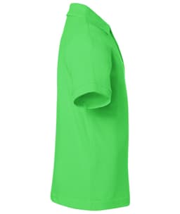 A bright green polo shirt shown from the side, featuring a classic design and a logo.