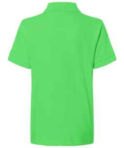 A vibrant green polo shirt with a collar and short sleeves. The back features a plain design and a logo.