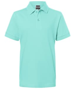 A mint green polo shirt with a classic collar and three-button placket. It features a logo on the branding.
