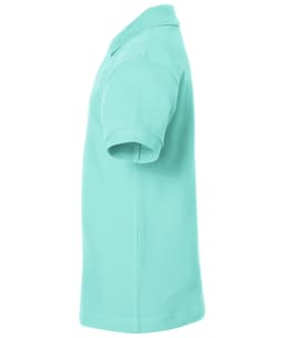 A mint green polo shirt with a classic collar and short sleeves, featuring a logo on the chest.