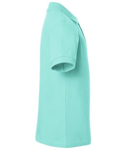 A mint green polo shirt shown from the side, featuring a collar and short sleeves. The shirt has a logo.