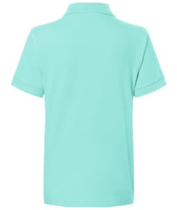A mint green polo shirt with short sleeves, featuring a collar and a logo on the back.