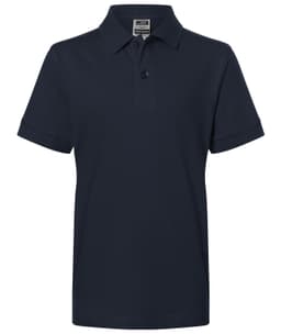 A navy blue polo shirt with a three-button placket and short sleeves, featuring a logo.