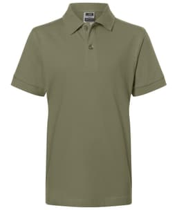 A green polo shirt with a collar and button placket, featuring rolled sleeves and a logo on the label.